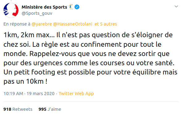 Tweet du Ministère des Sports 